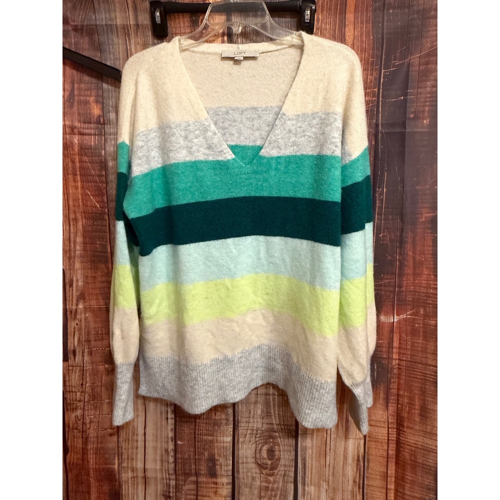 Loft Womens Striped V-Neck Knit Sweater Teal Lime Green XL s/602266